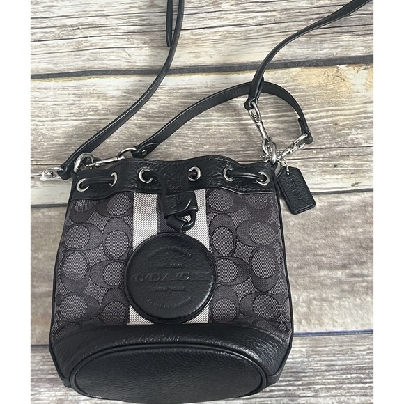 Coach Mini Dempsey Patch Bucket Bag Purse Signature Jacquard Khaki/Saddle C8322 - Picture 8 of 8